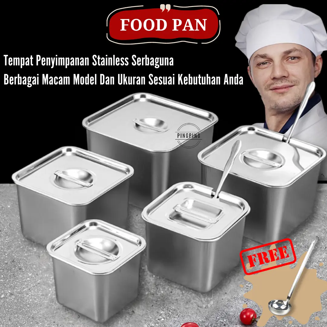 PINGPING - Box Souce Stainless Steel Persegi+Tutup / Food Container Saus Stainless / Tempat Penyimpanan Stainless Type 12cm/14cm/16cm/18cm