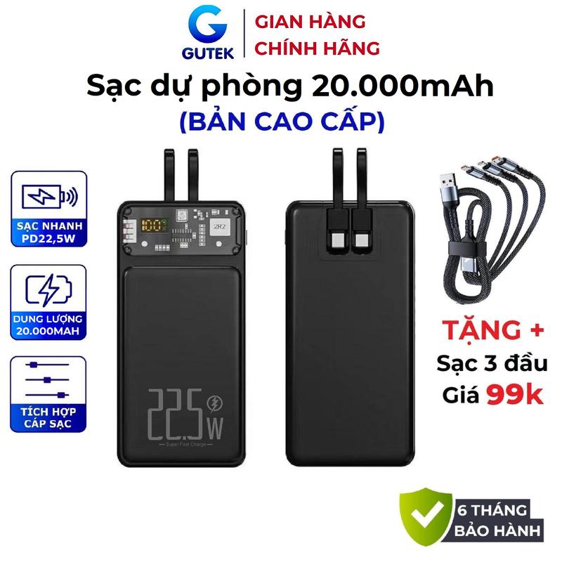 [Tặng sạc 3 đầu] Sạc dự phòng 20000mah sạc nhanh 22,5W dung lượng pin lớn có sẵn dây cho điện thoại - Gutek GT159
