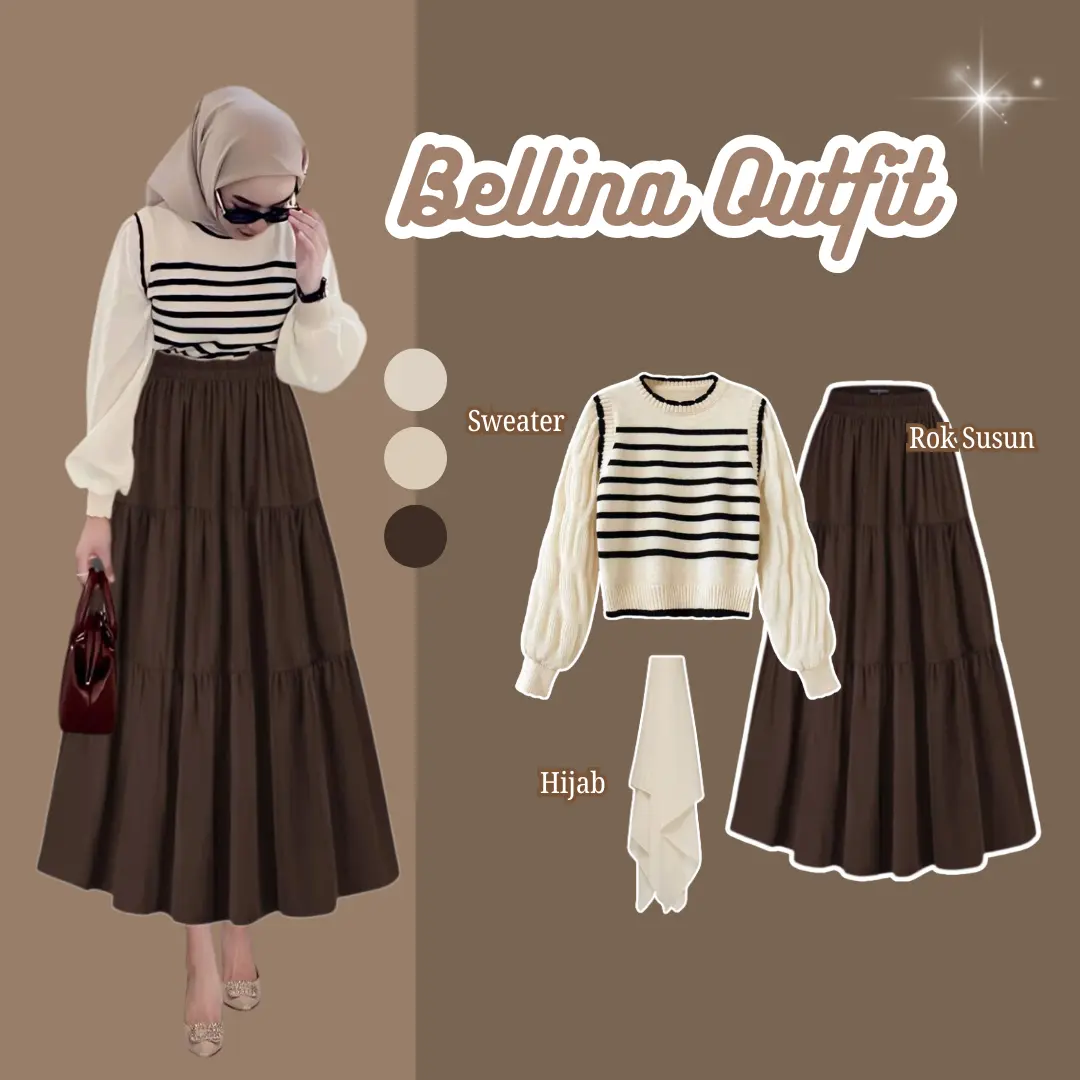 One Set Bellina Outfit ( Sweater + Rok Susun + Hijab ) Ootd Korean Style | Fashion Wanita Kekinian