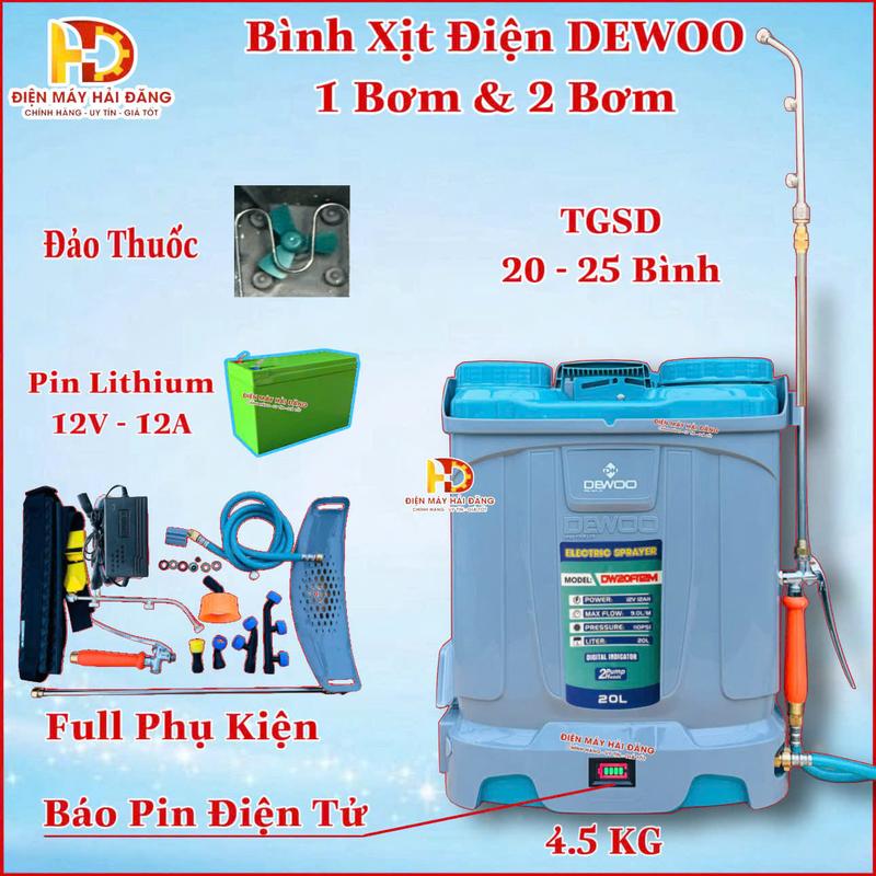  Bình xịt điện DEWOO   Độ Pin lithi.um   Dung tích 20 Lít.Có bộ đảo bằng cánh quạt.BH 1 Năm 
