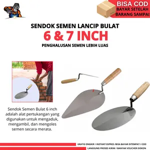 Sendok Semen, Cetok Semen Bulat 6" Gagang Kayu Oval Wanly Sendok Semen Bulat Gagang Kayu Lancip Bulat