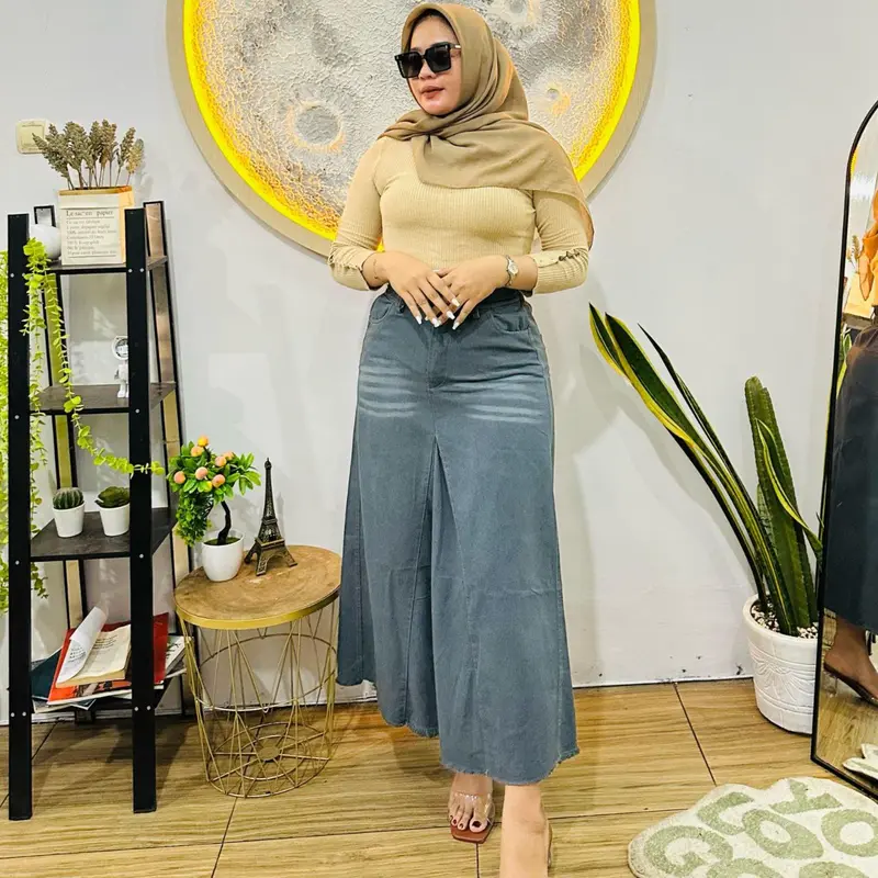 Pg Jeans - Rok Denim Vintage Retro Wanita Rok Jeans Panjang High Waist A-Line Cewek Bahan Tebal Tahan Lama Kancing Depan & Karet Belakang Variasi Rampel di Depan 0