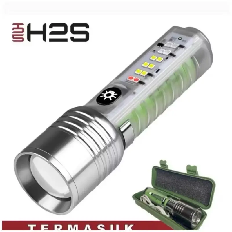 Senter Chas Super Terang Multifungsi 8 Mode Menyala IPX5 30 Watt Super Zoom Waterproof Flashlight 50A