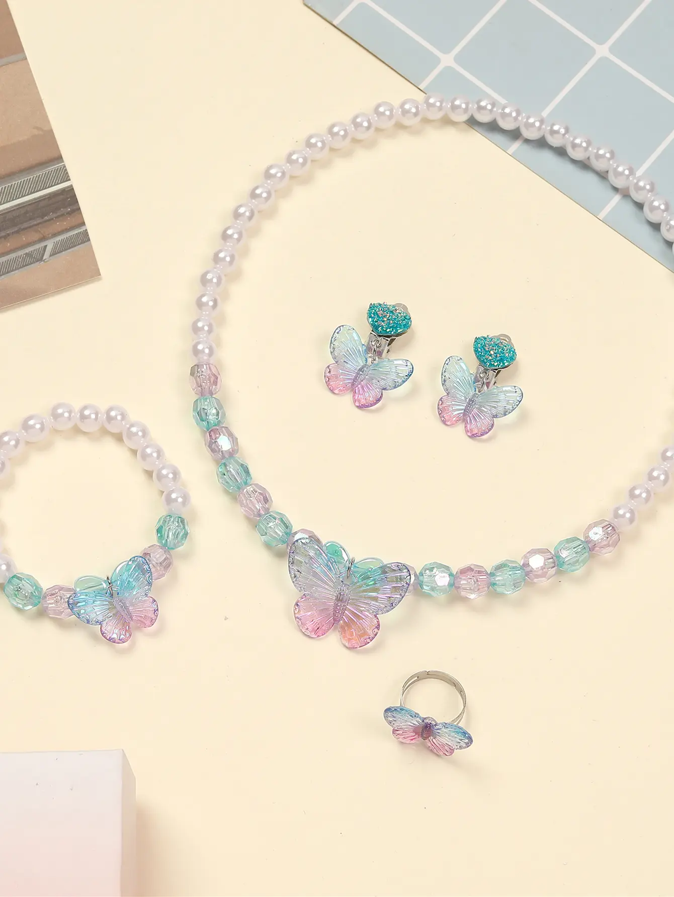 Children's suit-Mermaid Princess Necklace Ring Earring Bracelet Set-Children's baby cute jewelry pearl pendant-Green, pink and purple gradient butterfly-ETTZ-025D necklace  set ladies  necklace