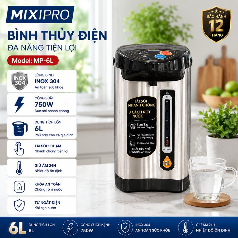 Bình Thủy Điện MIXIPRO 6L – Inox Dày – Tái Đun Chỉ 1 Nút Bấm