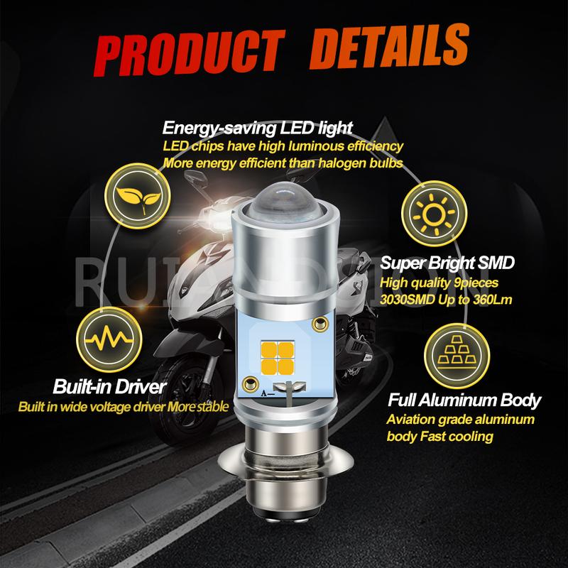 Ruiandsion P15D H6M 25-1 25-3 Led Motorcycle Headlight Blubs 3030 9LED Chip for Motorcycle Spotlights Fog lamp White+Yellow DC/AC 9-60V 1/2pcs 1