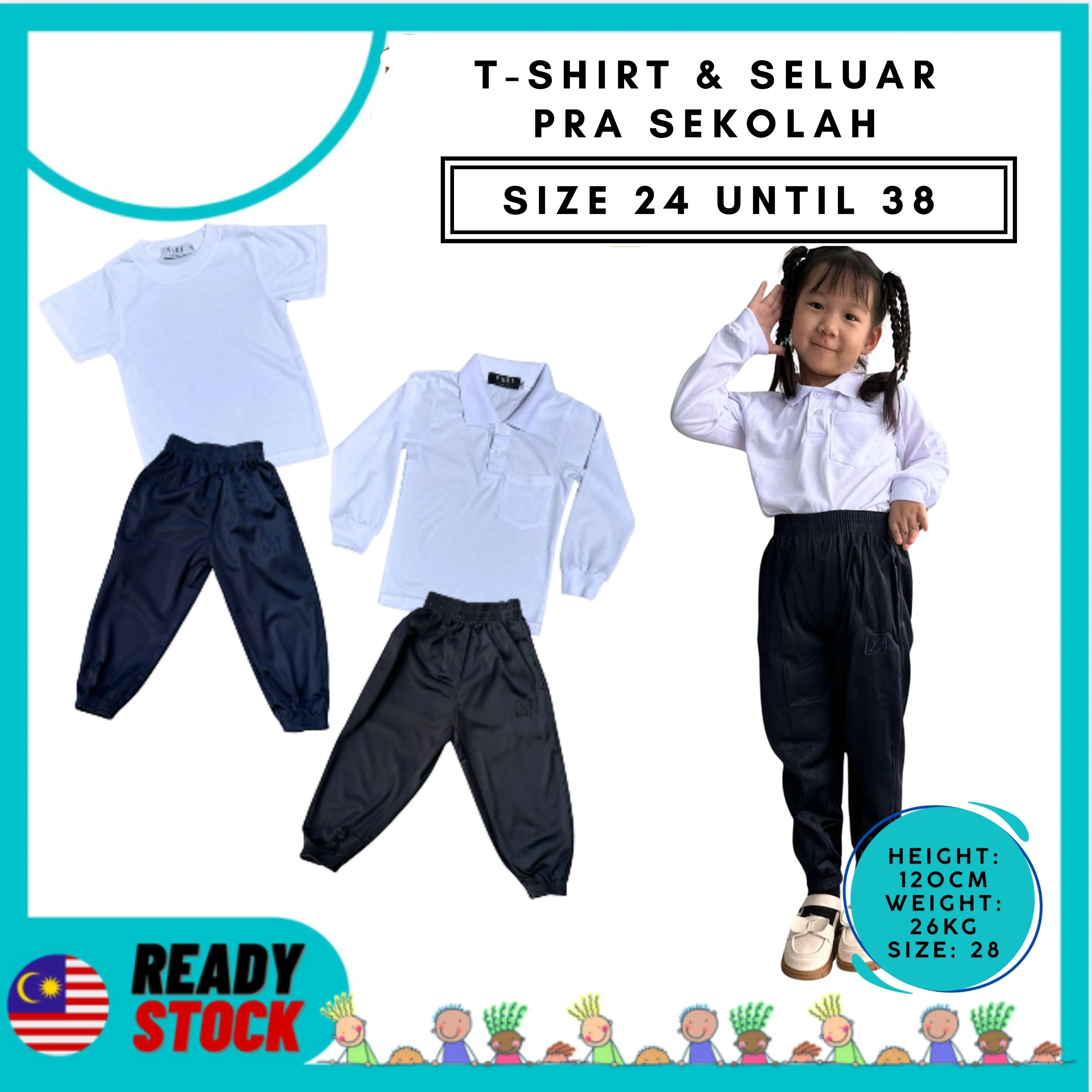 BAJU PRA SEKOLAH TADIKA PRA Baju Sukan Kanak-Kanak Jenis A (Navy) - T-Shirt Putih Nila Berkolar Lengan Panjang & Pendek, Track Bottom Premium Navy & Hitam