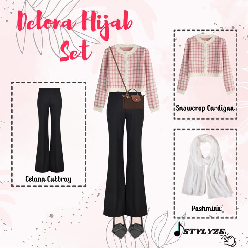 Delona Hijab Set 3in1 Cardigan / Celana Cutbray / Pashmina Setelan Anak Remaja Wanita import Kekinian SZ26 0