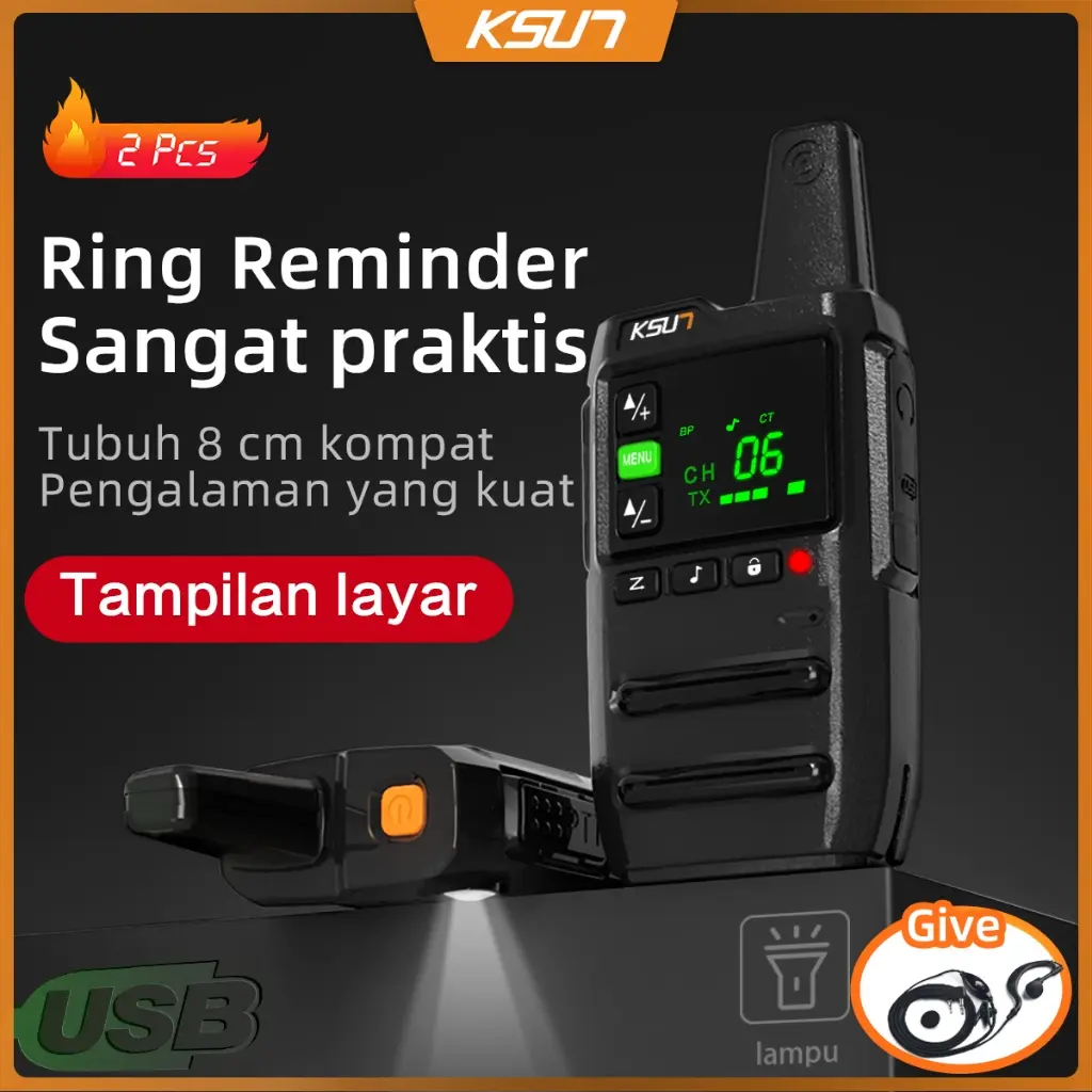 KSUN GZ20 Mini Walkie Talkie 2pcs Jarak Jauh /Handy Talky Two Way Radio Ring Reminder/With LED Flashlight /Handy Talky HT Earphone