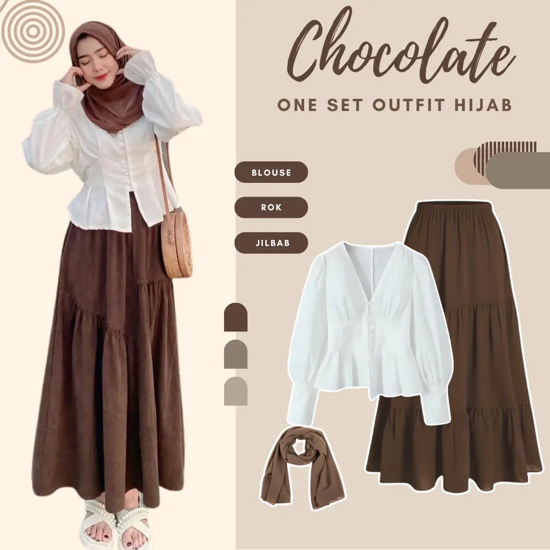 Earth Tone One Set Wanita Kekinian ( Blouse - Rok Susun - Pashmina ) Setelan Hijab Style - LS092 Baju Dewasa