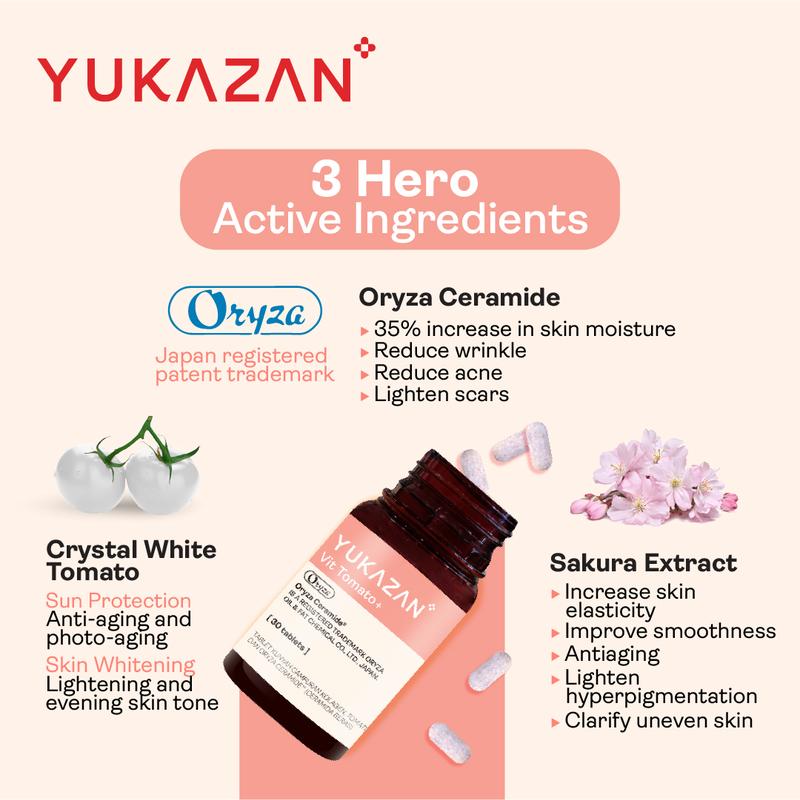 Product Introduction of Yukazan Vit Tomato+ Brightening Supplement 4's - Collagen, White Tomato, Oryza Ceramide Chewable Tablet - Oral Sunblock (30 tablets) 3