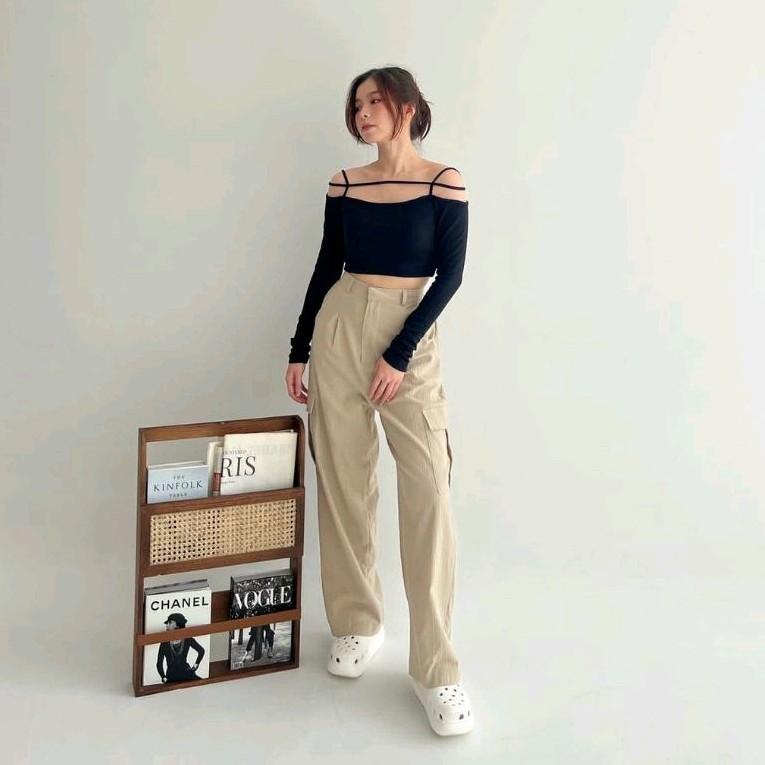 (TERMURAH CARGO)- Celana Cargo Highwaist Loose Linen Cringkle Celana Cargo Wanita Kulot Cargo Highwaist Wanita Kekinian 1