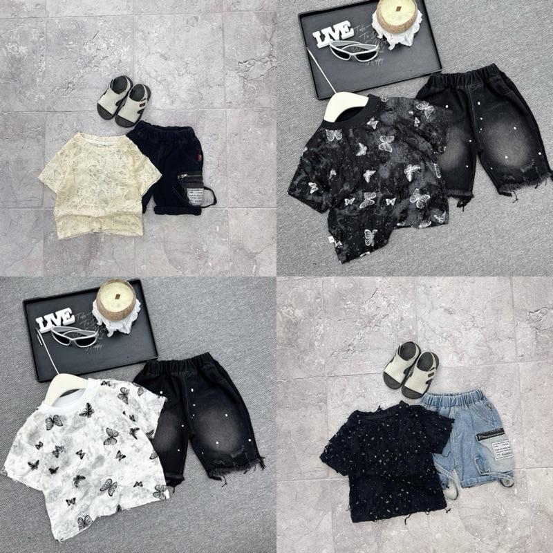 Bộ Cộc Lưới Rách Đính Đá Phối Quần Jean Túi Hộp Cho Bé Trai Từ 8-26kg [ Shop Linh kids 88 ]