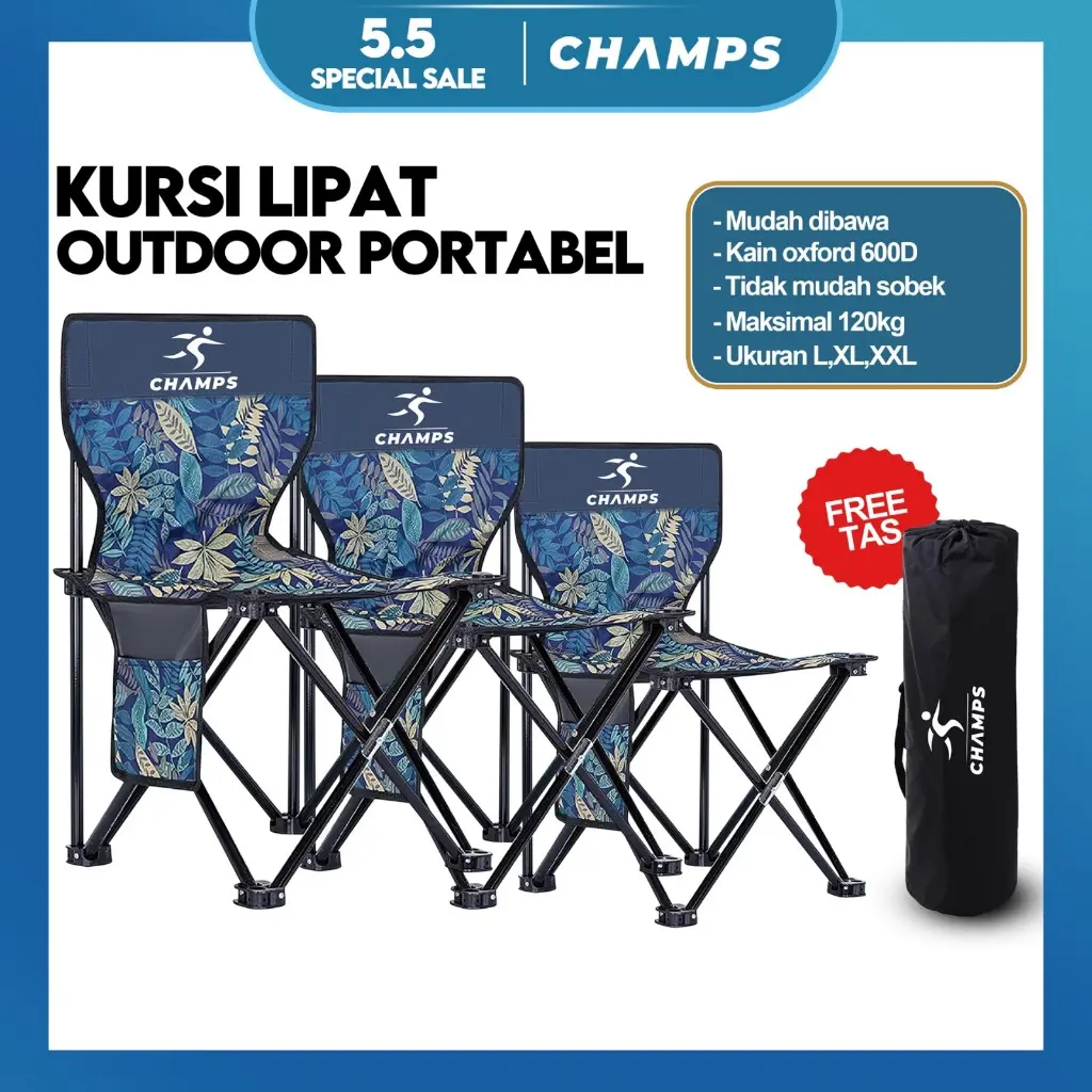 CHAMPS Kursi Lipat Outdoor Portable | Camping | Gunung | Mancing | Foldable Chair | Kemah | Bangku Lipat | Ringan | Mudah Digunakan | CH-701L  CH-702XL  CH-703XXL