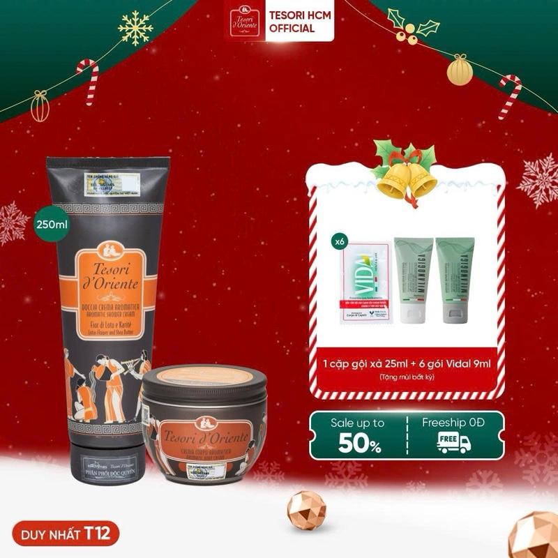 TẶNG 1 CẶP GỘI XẢ MLO 25ML+6 GÓI VIDAL 9ML Combo Sữa Tắm Nước Hoa 250ml và Kem Dưỡng Thể 300gr Tesori d'Oriente nhập khẩu Ý chính hãng