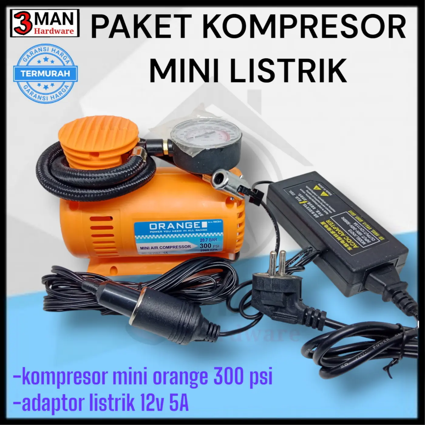 Paket kompresor mini Power Listrik 12v orange set pompa Ban mobil motor, balon, bebek
