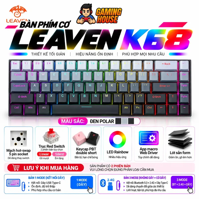 Bàn phím cơ Leaven K68 Không dây bluetooth  - Led RGB - Có hot-swap - Keycap Xuyên LED - Có APP tùy chỉnh