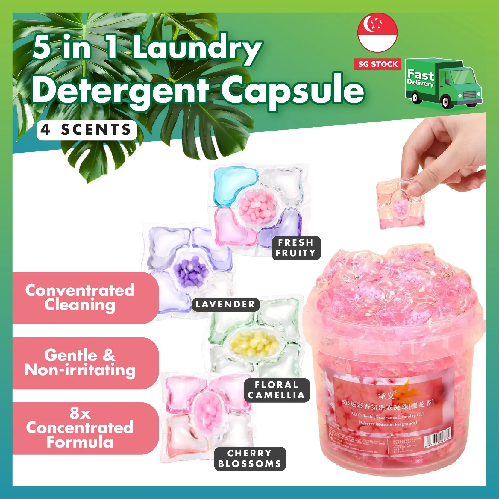 5-in-1 Laundry Detergent Pods Strong Stain Remover Lasting Fragrance Natural Enzyme Softener Anti-Bacteria Anti-Mites