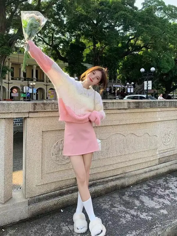 Sweater Rajut Wanita Rainbow Pelangi Lengan Panjang Pullover Leher Bulat Korea 3