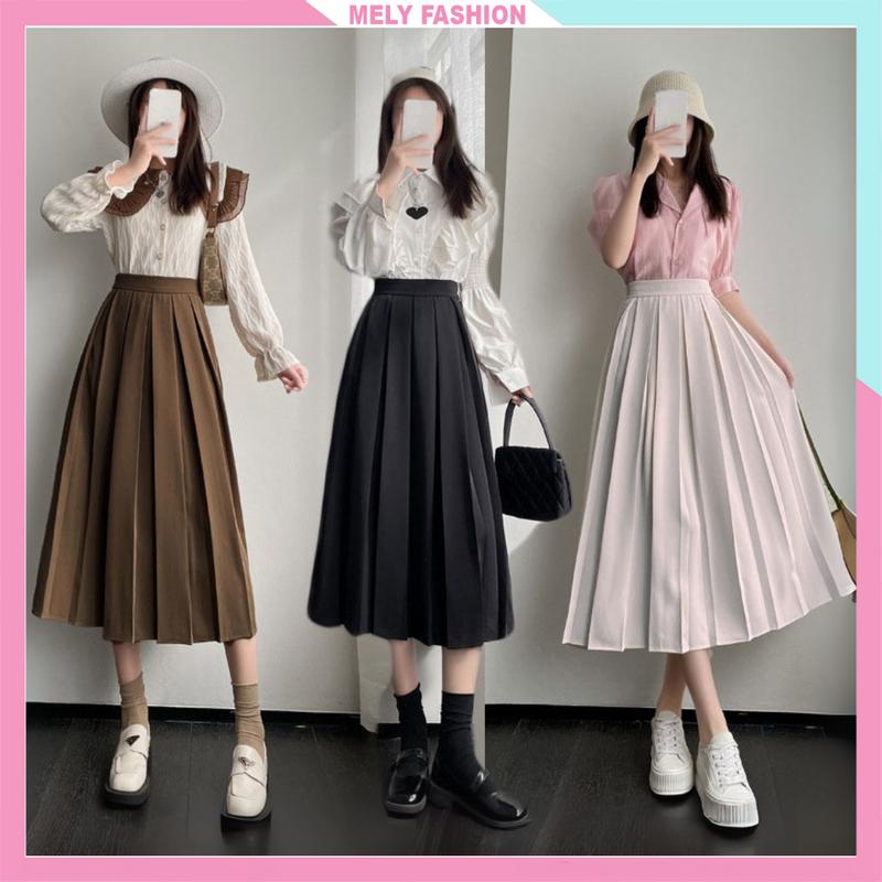 Chân váy xếp ly dáng dài xòe Mely Fashion cạp cao che bụng tôn dáng sang chảnh màu đen nâu be dễ phối đồ có bigsize CV40