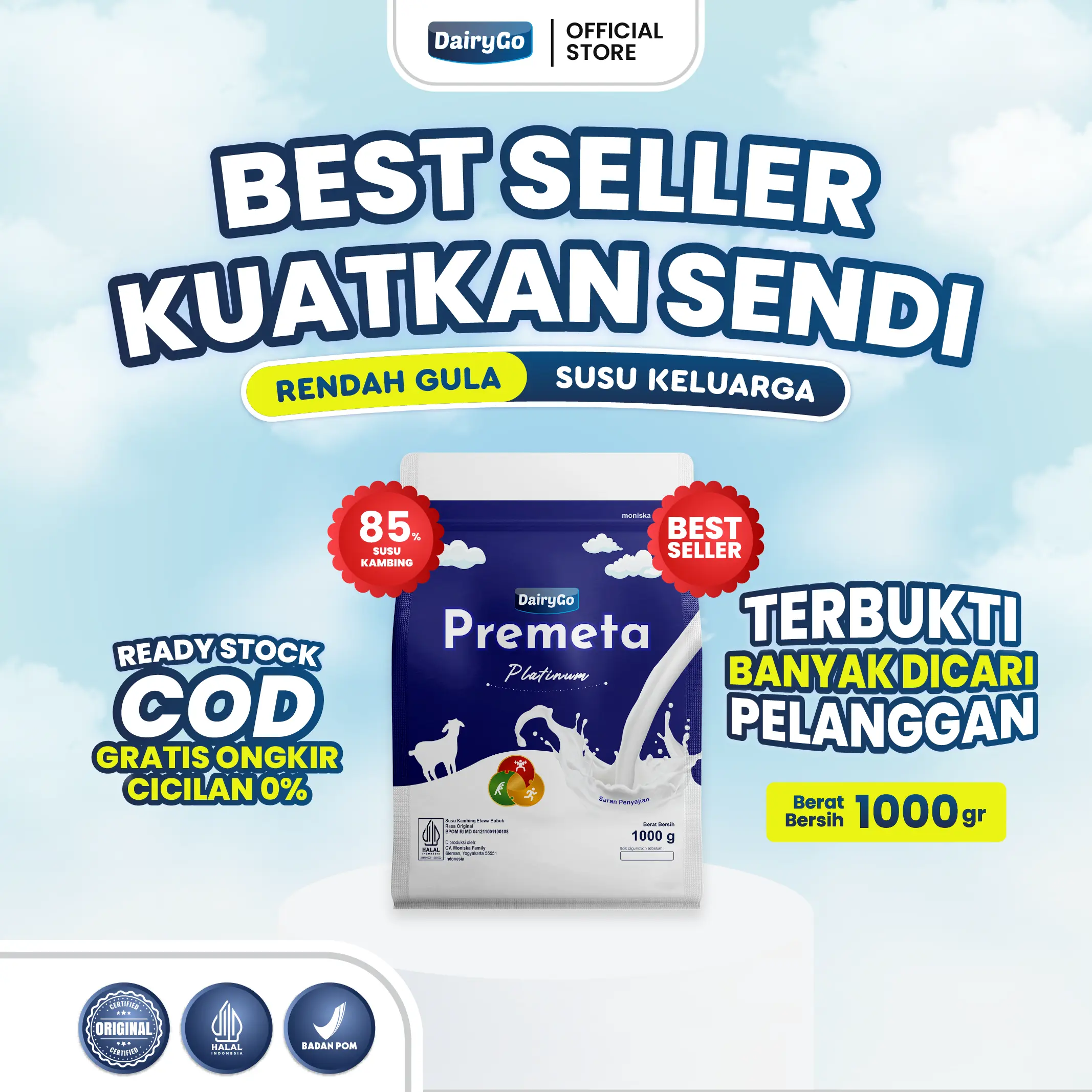 Susu Kambing Etawa Bubuk 1000 gram Atasi Nyeri Tulang dan Persendian Sudah Rendah Gula DairyGo Premeta Platinum