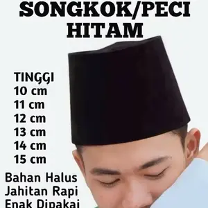 ￼Songkok Hitam Peci Hitam Tinggi 10 cm 11 cm 12 cm 13 cm 14cm 15cm Berkualitas bahan tebal dan halus Polos (Non AC) Kopiah Muslim Nyaman