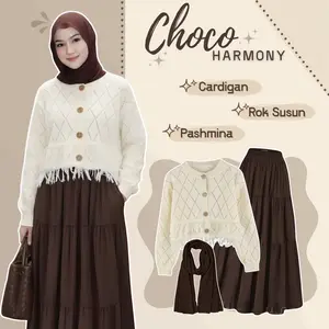 One Set Elegant Outfit ( Baju Cardigan Crop Tops + Rok Susun Korean Style + Pashmina Ceruti) | One Set OOTD Cewek Kece RO032 Setelan Wanita Panjang Muslim Nyaman