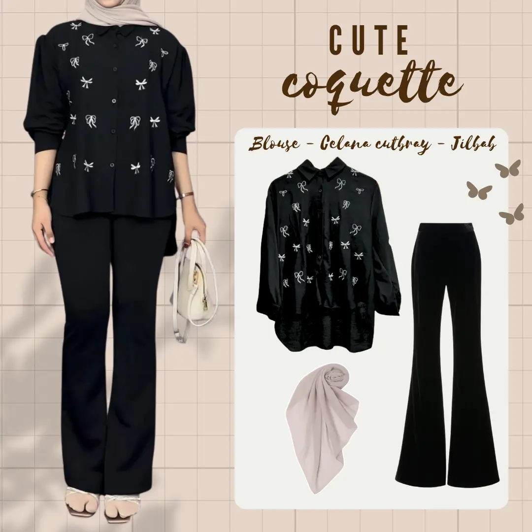 One Set Wanita Kekinian ( Kemeja Pita - Celana Cutbray - Bella Square ) OOTD Hijab Style - LS066 Baju Lembut