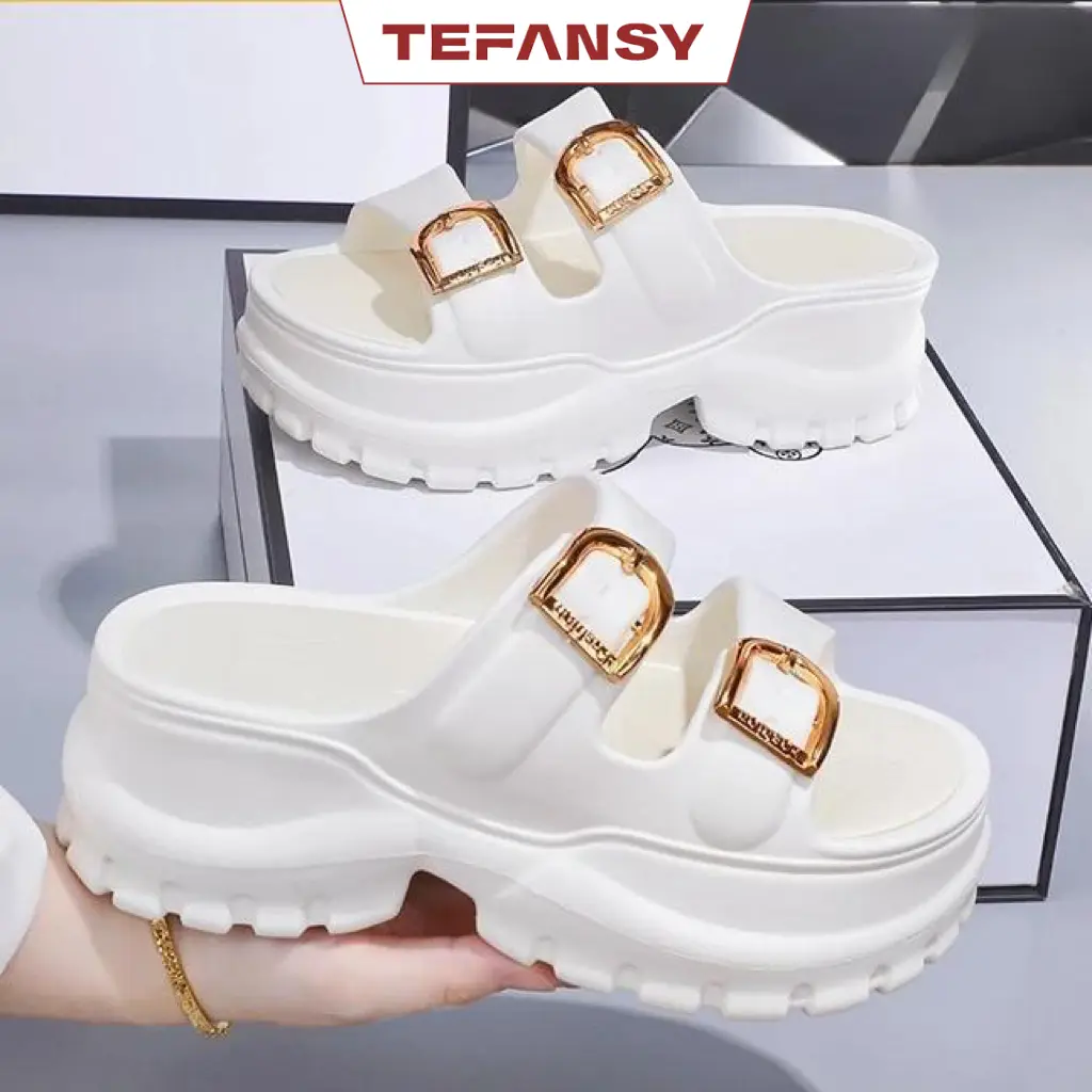 TEFANSY Sandal Wanita Kekinian  Tinggi Sandal Fuji Wanita WedgesKorea Strap Dua Sandal Jelly Wanita Kasual teplek wanita