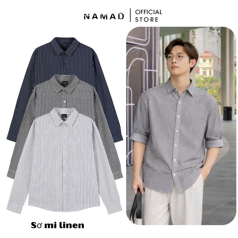 Áo Sơ Mi Dài Tay LINEN Cổ Đức Kẻ Sọc NAMAD Form Rộng Mát Mẻ, Thấm Hút Mồ Hôi L10