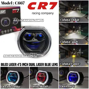 Biled Projektor Asli 4.5 INCH CR7 C667 Blue Lensa Biled  Proyektor Dual Laser Lens High Low Body Hitam Flat Cut Bisa Piw Piw Universal Kuning Putih