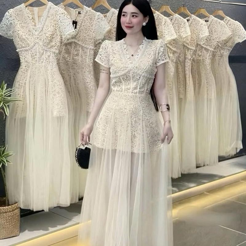   Bèo Béo Bigsize   Váy Thiết Kế Nữ Dự Tiệc Ren Cao Cấp Viền Ngọc Chân Lưới Dáng Dài Form Bigsize 60-90Kg 