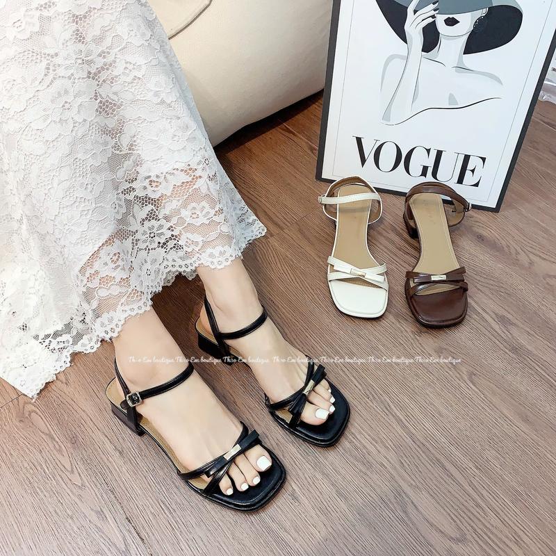 Sandal nữ thời trang 2 dây chéo đính nơ basic công sở đế cao 3-4p ( SDV63)