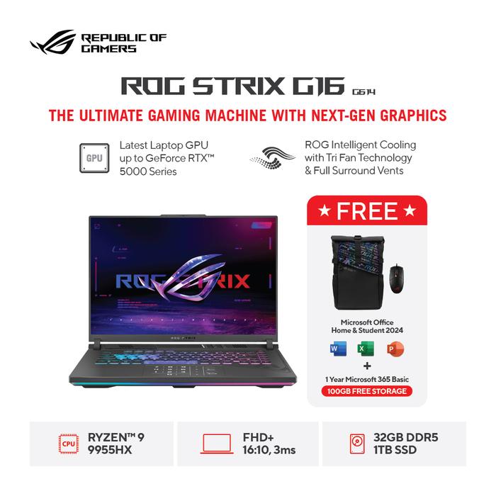 Gambar Asus ROG Strix G16 G614FR-R9NT7C6G-HM [AMD R9-9955HX3D|RTX 5070Ti|RAM 32GB|SSD 1TB|Win11|OHS24+365] dari megacom.id Kota Administrasi Jakarta Pusat Tokopedia