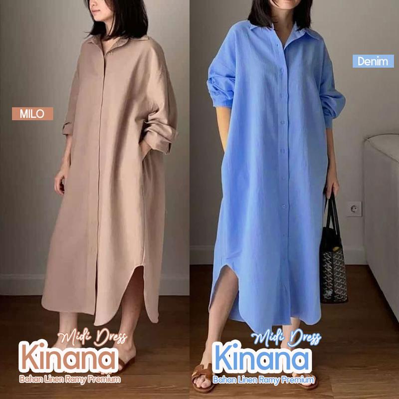 Product Introduction of Baju Midi Kinana Korean Style Oversize LD130 Bahan Linen Rami Premium Warna Denim dan Latte 19