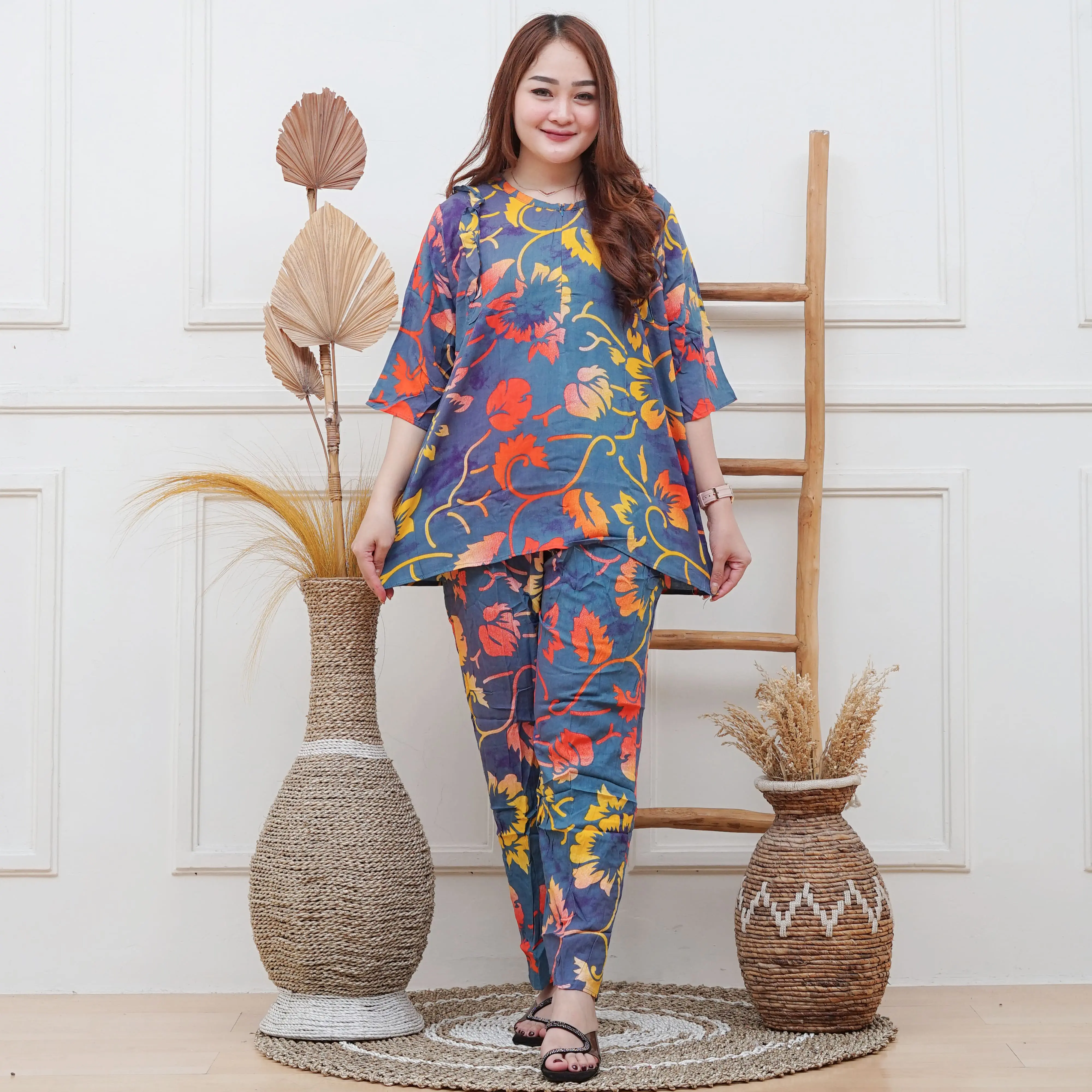 Setelan Wanita Sekar Rayon Premium Atasan Celana Panjang Adem Tebal Nyaman Baju Lembut Motif Dewasa Standar Pendek