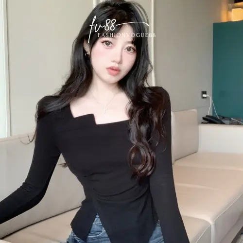 fv88 - Atasan Top Wanita Slim Bodycon Basic Casual Simple Lengan Panjang Polyester Premium Tebal Lembut Size S, M, L Baju Kerja Nyaman Stretch Formal Tangan 8