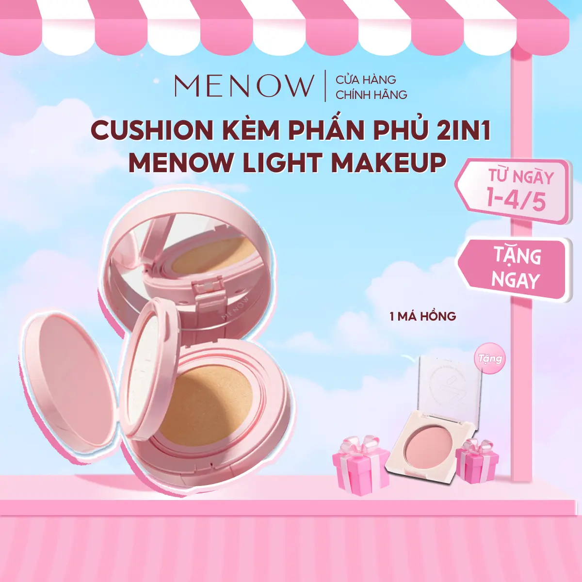 [MUA 1 TẶNG 1] Cushion kèm phấn phủ 2in1 Menow Light Makeup Cushion Powder Cream Pink Series 17gr [Tặng Má Hồng]