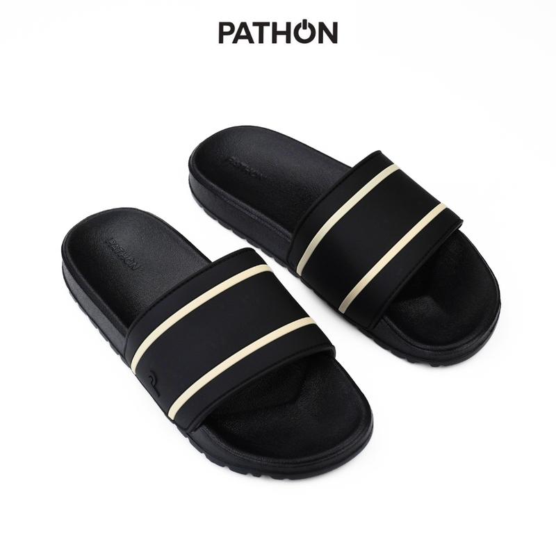 SD184 - Dép Pathon Enzo Slides nam nữ phiên bản nâng cấp 2 sọc quai ĐEN Xanh than trơn in logo chữ P nổi đế IP đen cao cấp PVC PU êm mềm chống trơn trượt thời trang