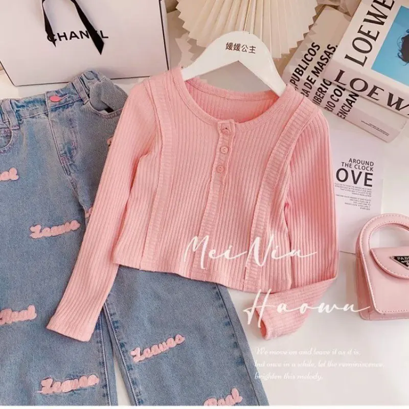 SSP32, 6-12Tahun Setelan One Set Anak Korea Pink Kancing Celana Jeans Bordir 2
