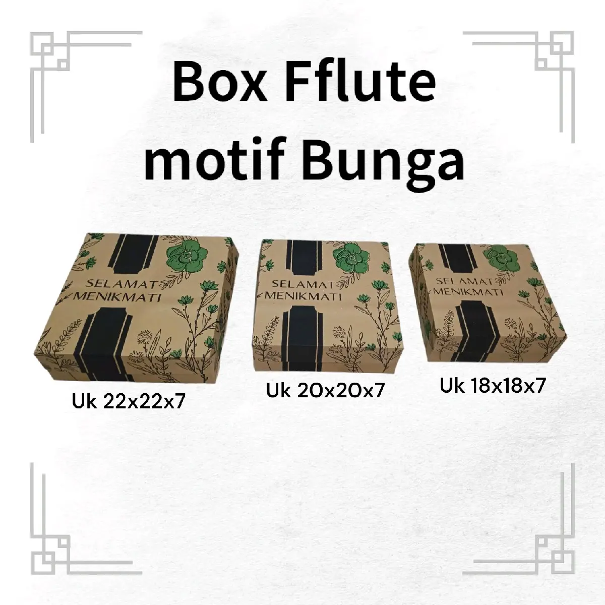 Box Fflute Motif Bunga Ukuran 18x18x7, 20x20x7, 22x22x7 untuk kemasan nasi/kue (Isi 10pcs).