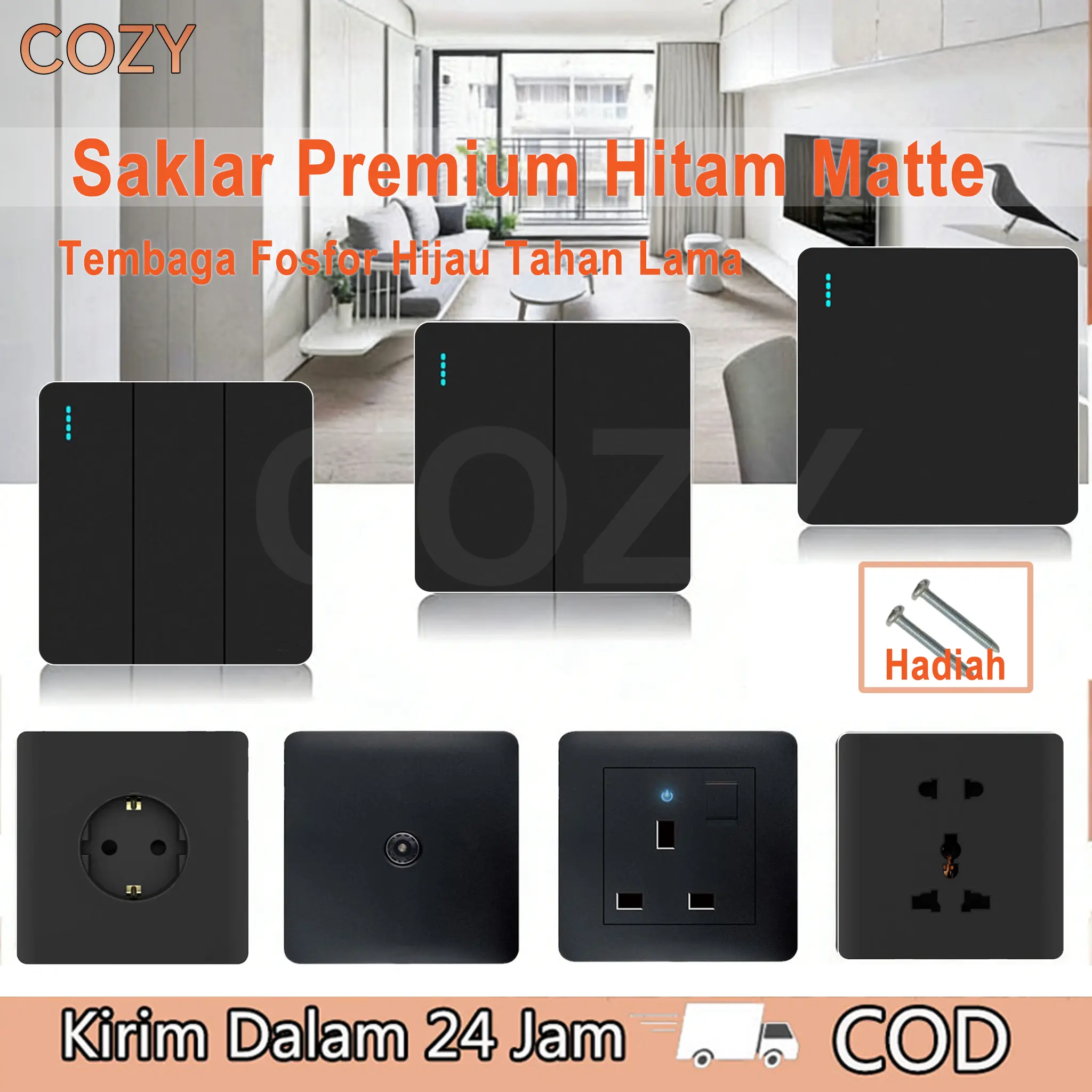 COZY (COD) Electrical Switch  Stop Kontak Saklar Lampu Black Series New dengan Proteksi Anak-anak dan Kekuatan Force Breaking