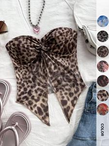 Top tipo tubo sin espalda con estampado de leopardo y torcedura en la espalda, Top casual sin mangas y sin tirantes para verano, Top de moda para mujeres para vacaciones en la playa