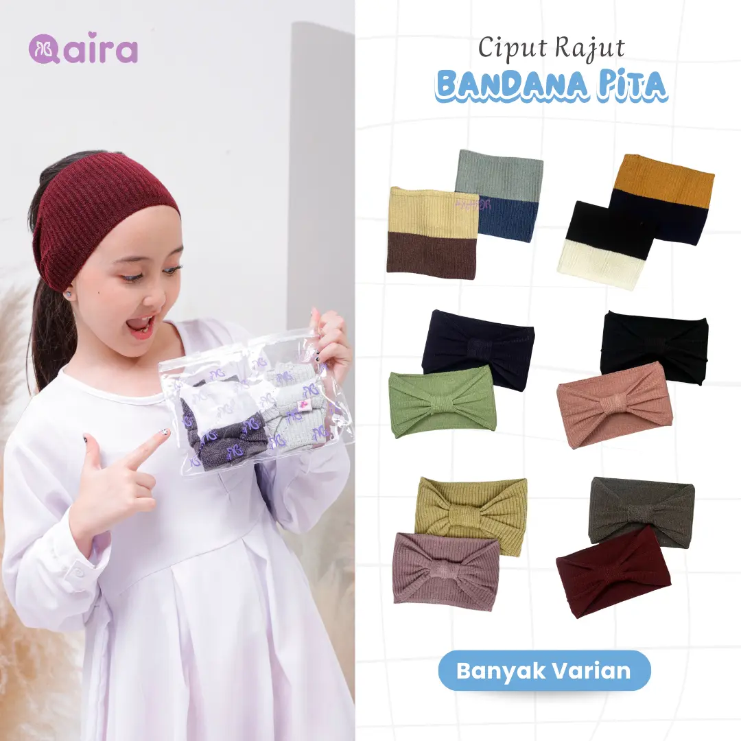 Qaira Ciput Anak Rajut Dua Warna Bandana Pita 1 Pack Isi 2