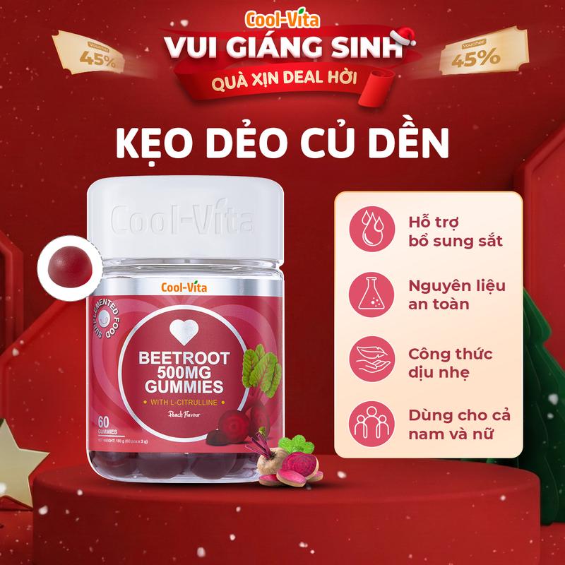   A  Kẹo Dẻo Củ Dền Thuần Chay Hỗ Trợ Bổ Sung Sắt Lưu Thông Máu &  Hỗ Trợ Bổ Sung Năng Lượng LCitrulline Vị Đào Coolvita  60 viên x 3g  hộp 