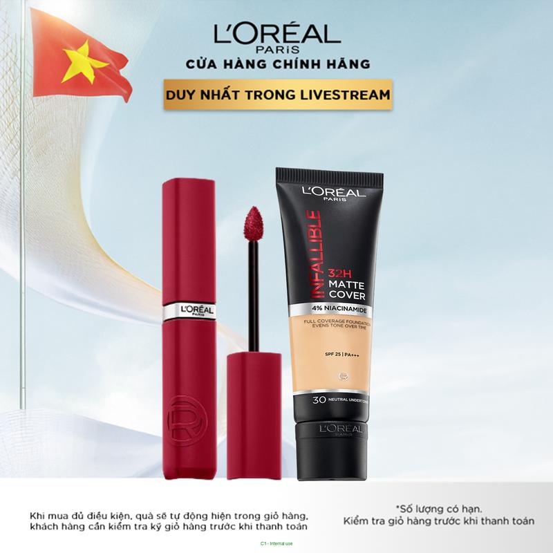 Bộ đôi Son kem lì nhẹ môi lâu trôi chuẩn màu L’Oreal Paris Infallible Matte Resistance 5ml và Kem nền che phủ cao kiềm dầu lâu trôi với 4% Niacinamide L’Oreal Paris 32h Matte Cover Foundation 30ml Cosmetic Perfume