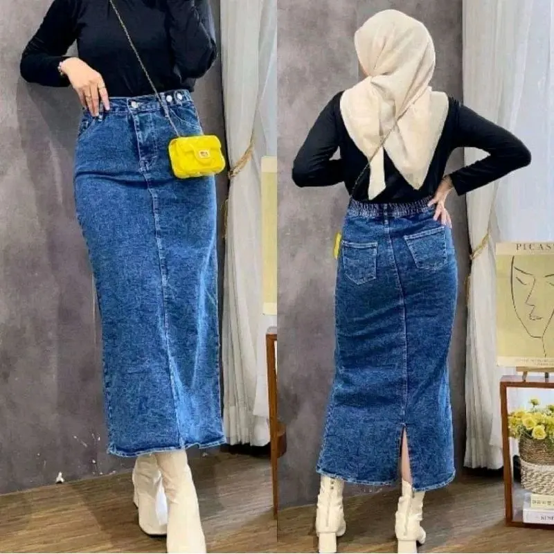 Highwaist Rok Jeans | Rok Thena Jeans | Rok Skirt Panjang | Standar dan Jumbo Kancing Samping Karet Wanita Merah span Tebal