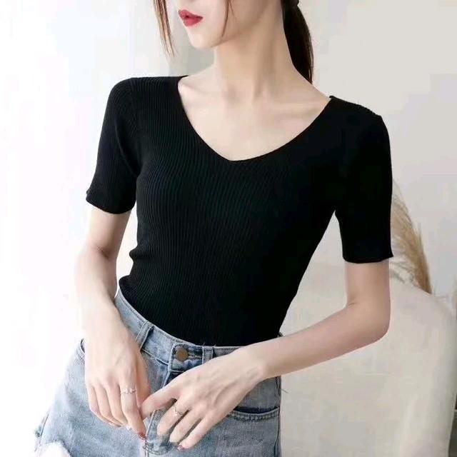 Atasan wanita V-Neck Lengan pendek kaos rip kaos rajut wanita 5