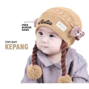Kupluk Kepang Bayi Perempuan Bordir Nama, Pink Ungu - Bahan Rajut Premium