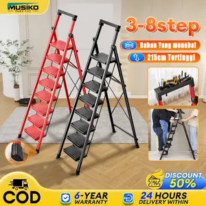 Musiko Tangga Besi Lipat 3/4/5/6/7/8 Langkah Multifungsi Melipat Tangga Baja Karbon Baja Portabel Yang Lebih Tebal Tangga Folding Ladder Tangga Besi Kaki Karet